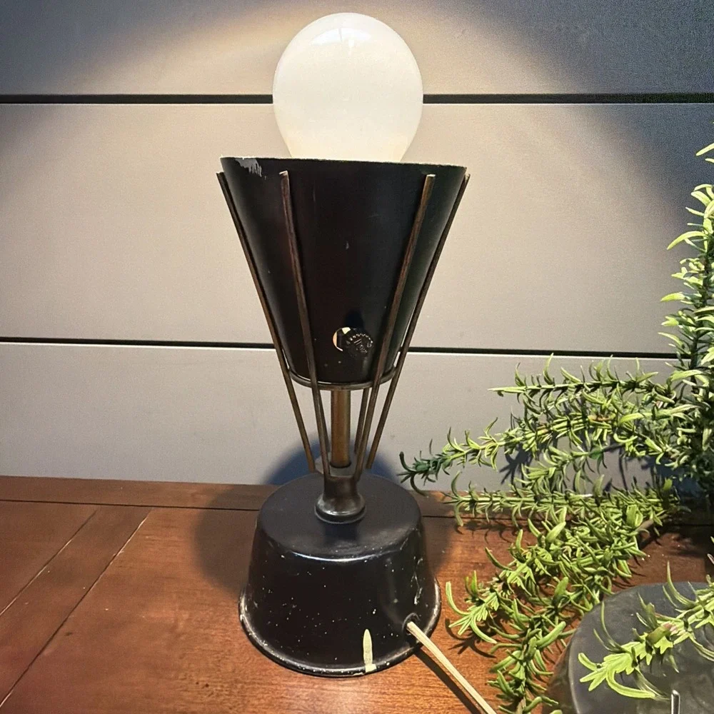 Vtg MCM Atomic Space Age Black Gold Metal Cone Uplight Small Table Light Lamp